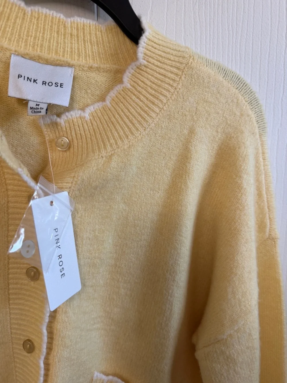 Pink Rose Soft Pale Yellow Button Cardigan with White Trim - Picture 5 of 5